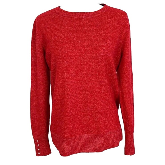 Loft Red Sweater Pearl sleeve Wool Blend Round Neck Long Sleeve size M - Picture 1 of 15